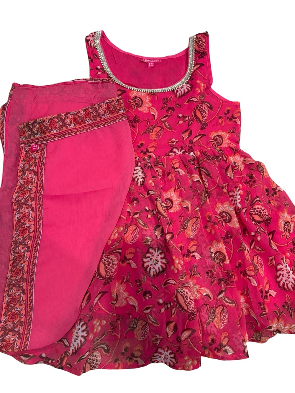 BIBA Girls Hot Pink Floral Dress with Silver Trim